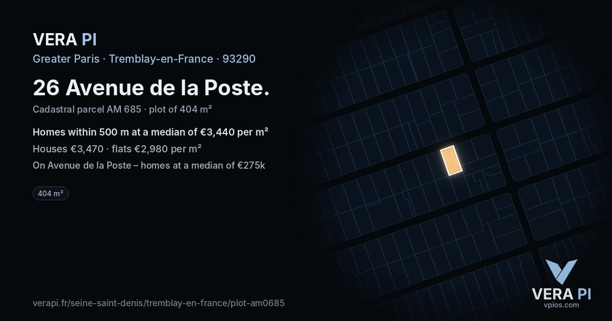 26 Avenue de la Poste, Tremblay-en-France at night – the plot lit, the parcels around coloured by the prices near them
