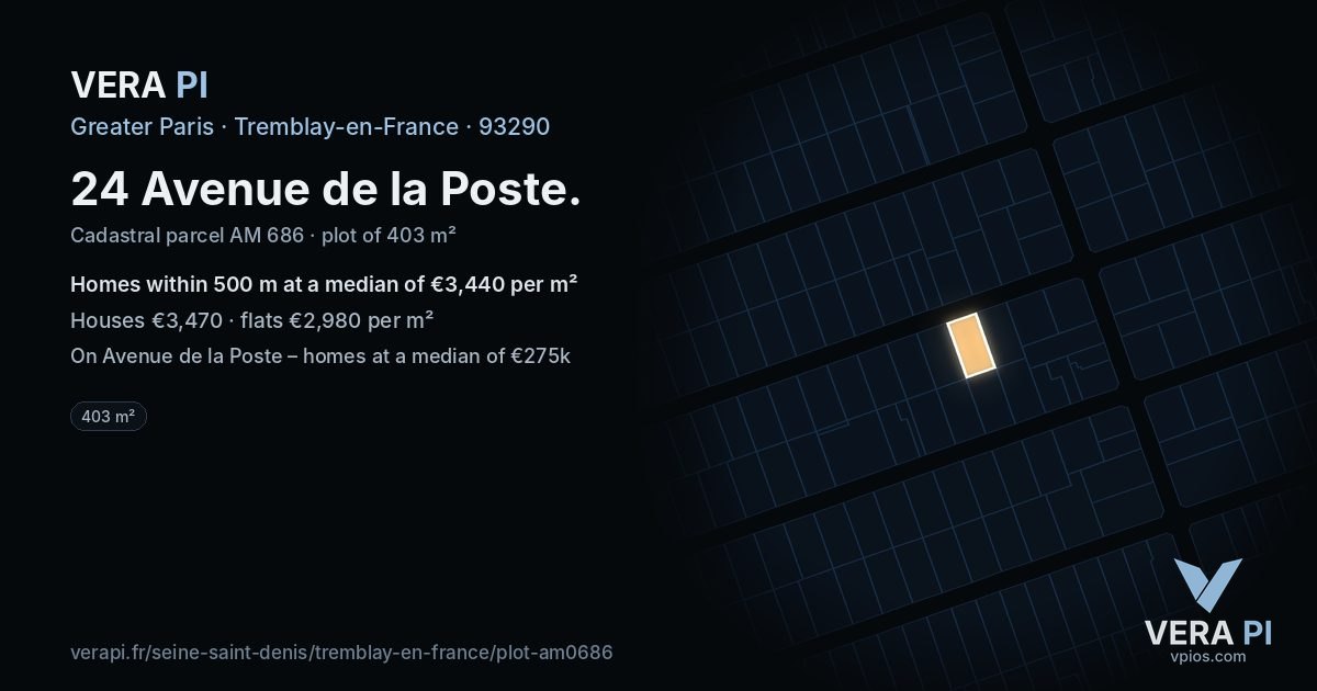 24 Avenue de la Poste, Tremblay-en-France at night – the plot lit, the parcels around coloured by the prices near them