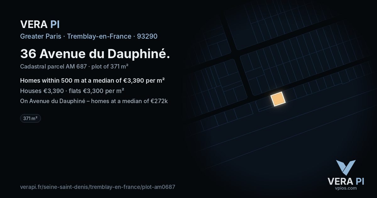 36 Avenue du Dauphiné, Tremblay-en-France at night – the plot lit, the parcels around coloured by the prices near them