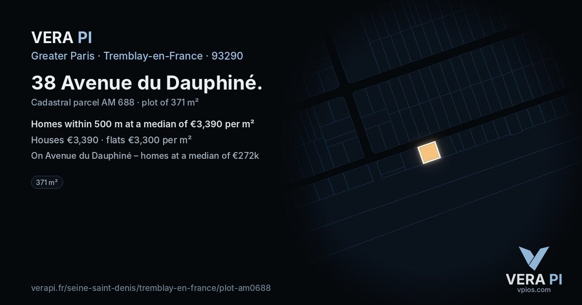 38 Avenue du Dauphiné, Tremblay-en-France at night – the plot lit, the parcels around coloured by the prices near them