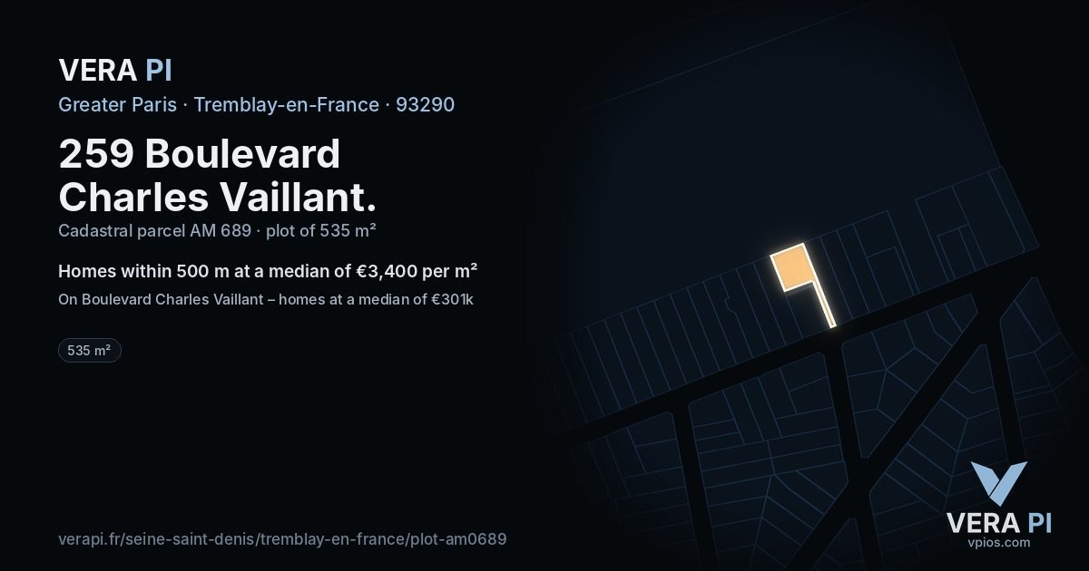 259 Boulevard Charles Vaillant, Tremblay-en-France at night – the plot lit, the parcels around coloured by the prices near them