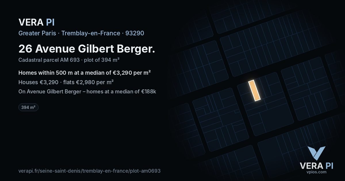 26 Avenue Gilbert Berger, Tremblay-en-France at night – the plot lit, the parcels around coloured by the prices near them