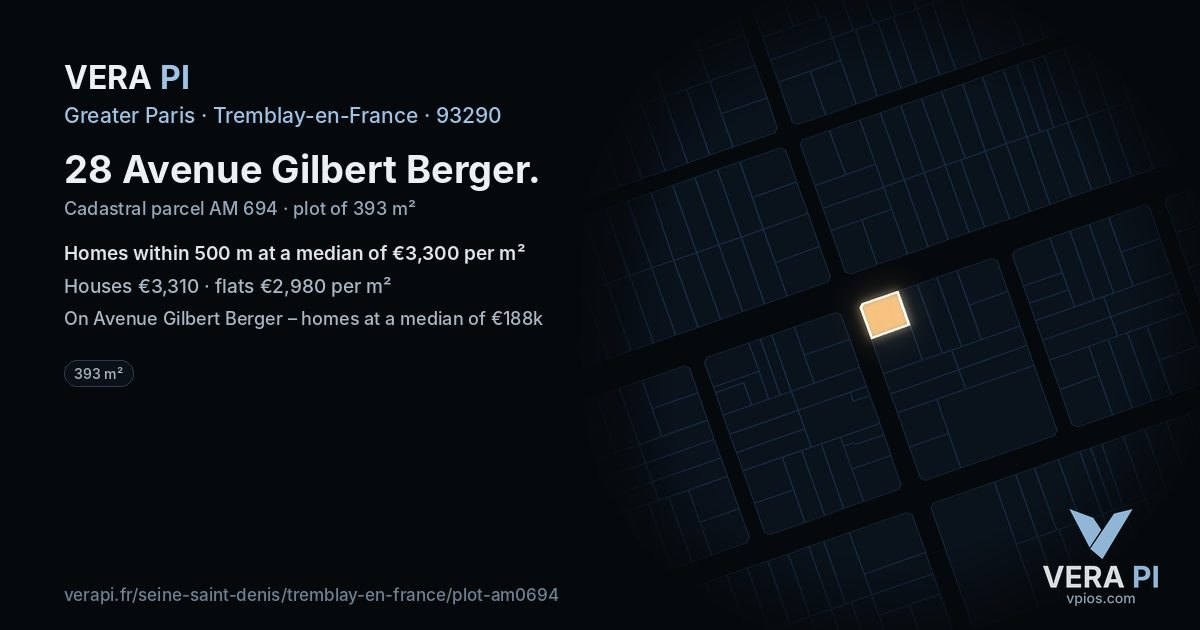 28 Avenue Gilbert Berger, Tremblay-en-France at night – the plot lit, the parcels around coloured by the prices near them
