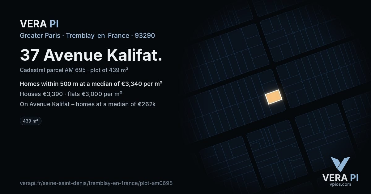37 Avenue Kalifat, Tremblay-en-France at night – the plot lit, the parcels around coloured by the prices near them