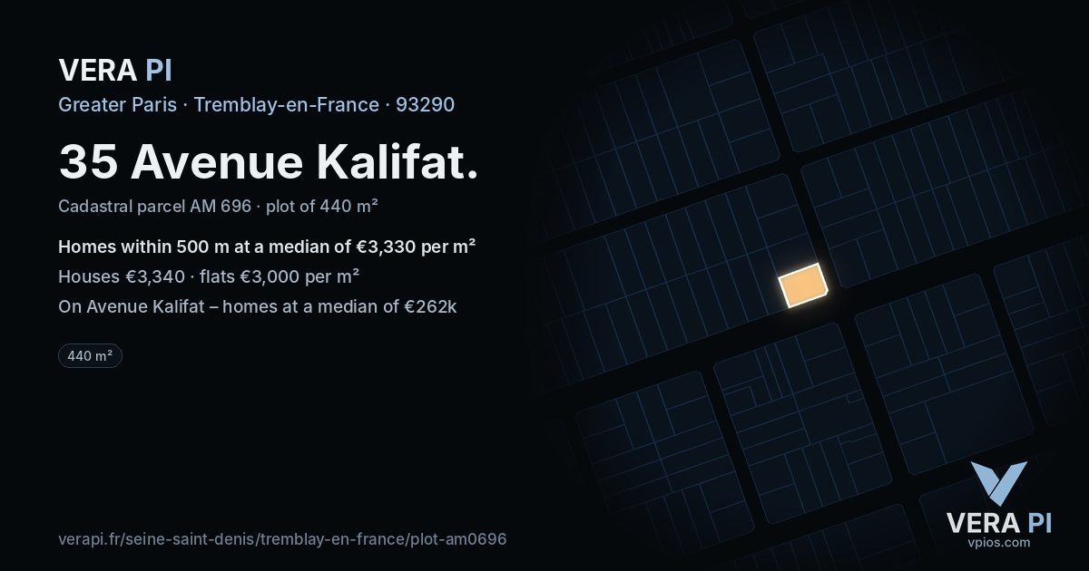 35 Avenue Kalifat, Tremblay-en-France at night – the plot lit, the parcels around coloured by the prices near them