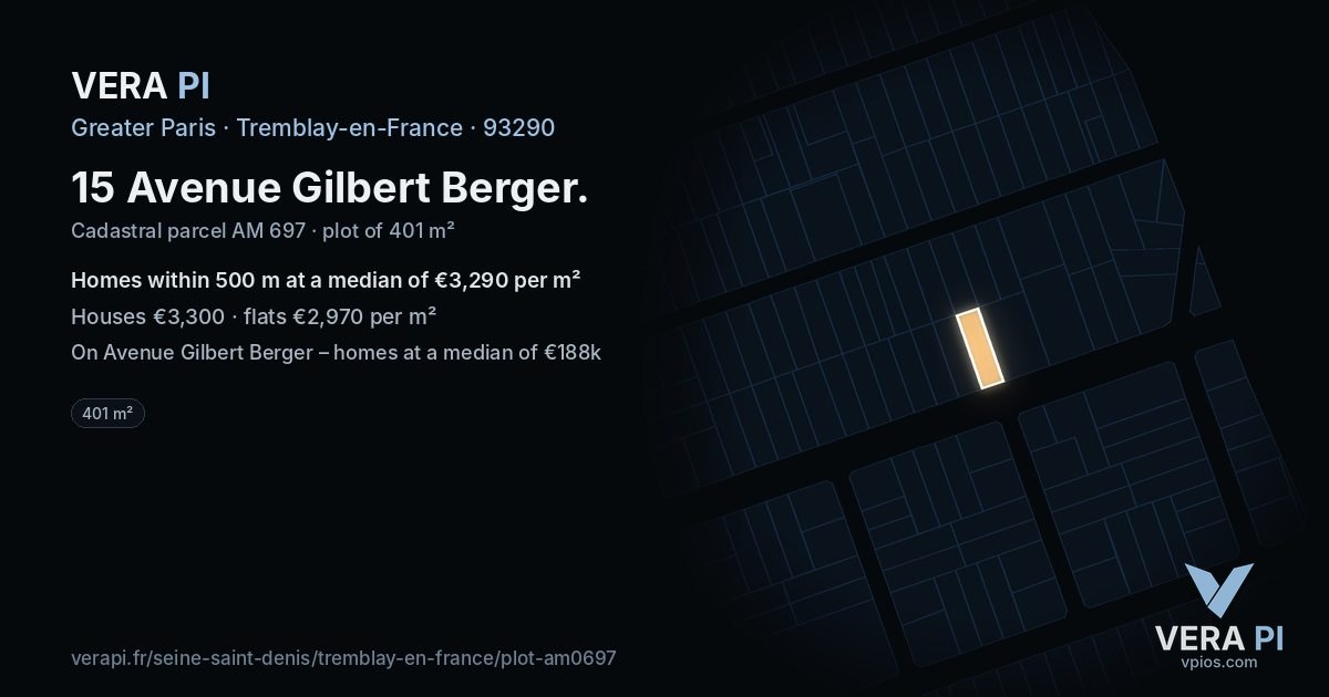 15 Avenue Gilbert Berger, Tremblay-en-France at night – the plot lit, the parcels around coloured by the prices near them