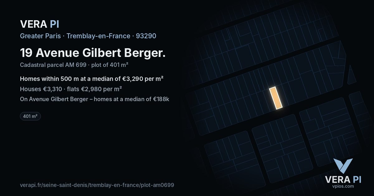 19 Avenue Gilbert Berger, Tremblay-en-France at night – the plot lit, the parcels around coloured by the prices near them