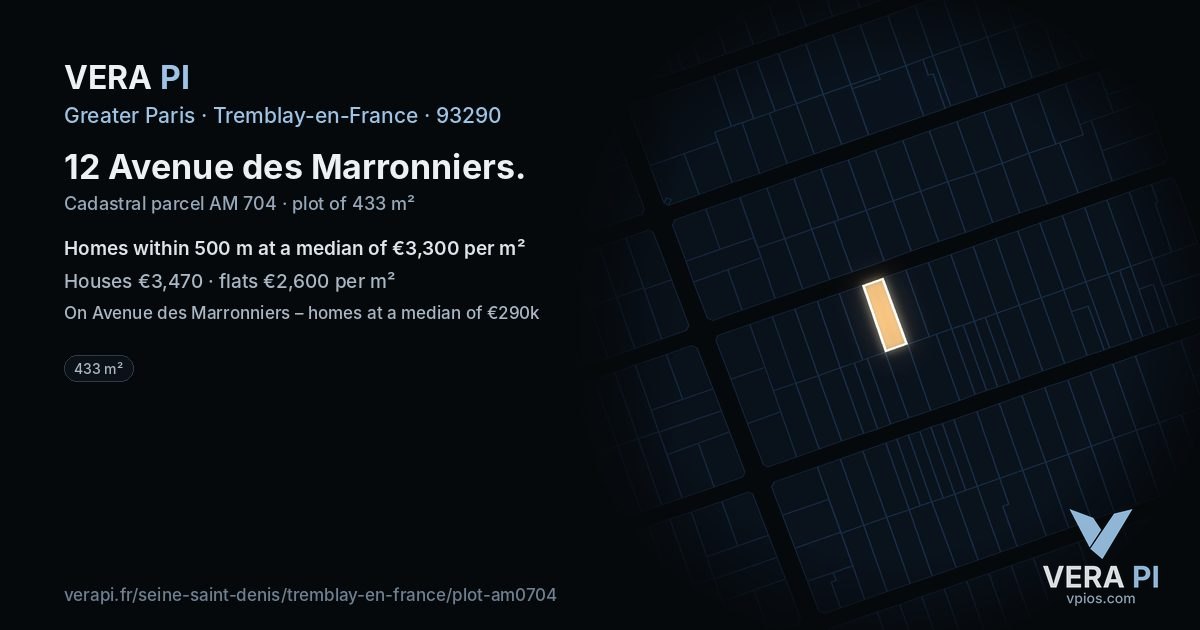 12 Avenue des Marronniers, Tremblay-en-France at night – the plot lit, the parcels around coloured by the prices near them