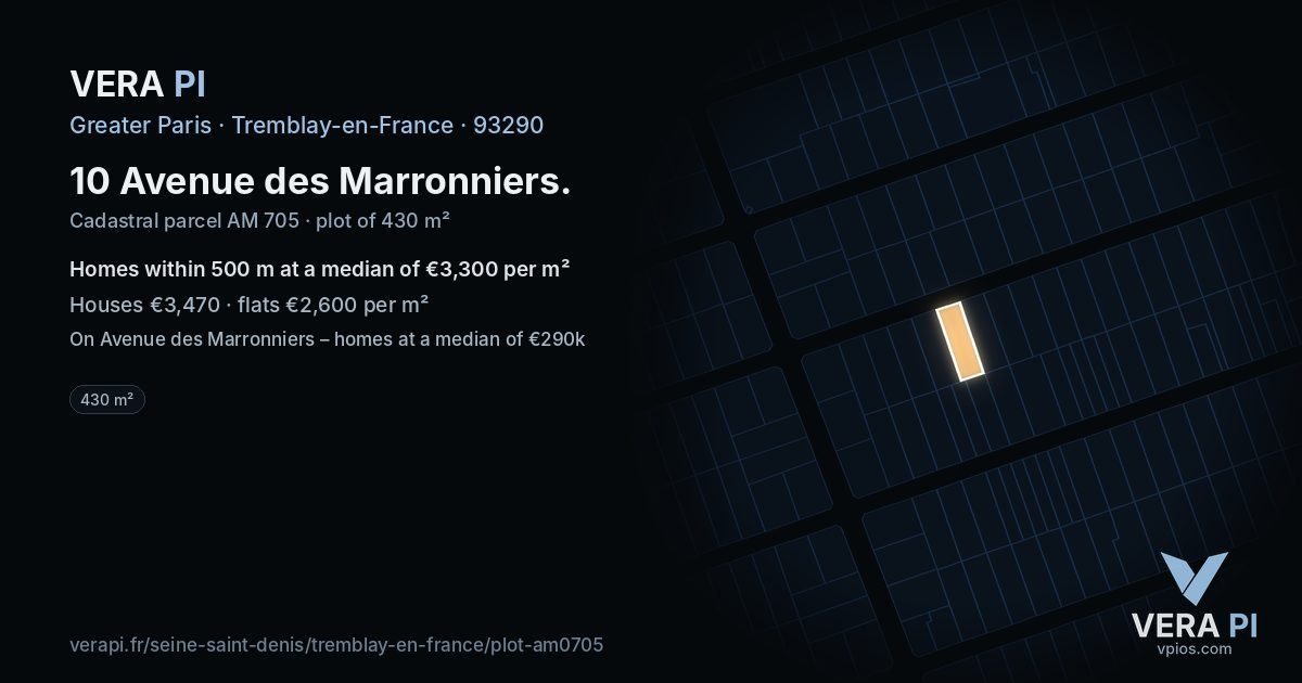 10 Avenue des Marronniers, Tremblay-en-France at night – the plot lit, the parcels around coloured by the prices near them