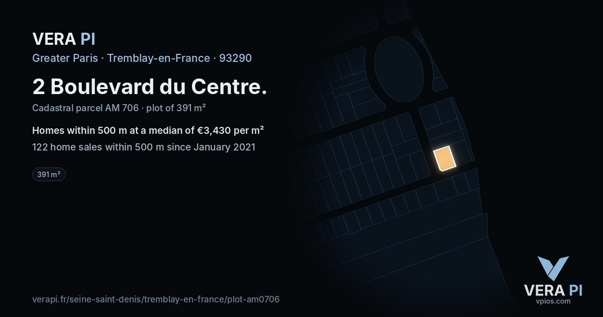 2 Boulevard du Centre, Tremblay-en-France at night – the plot lit, the parcels around coloured by the prices near them