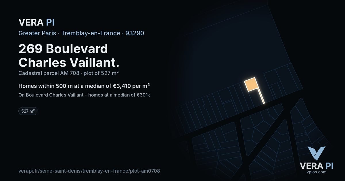269 Boulevard Charles Vaillant, Tremblay-en-France at night – the plot lit, the parcels around coloured by the prices near them