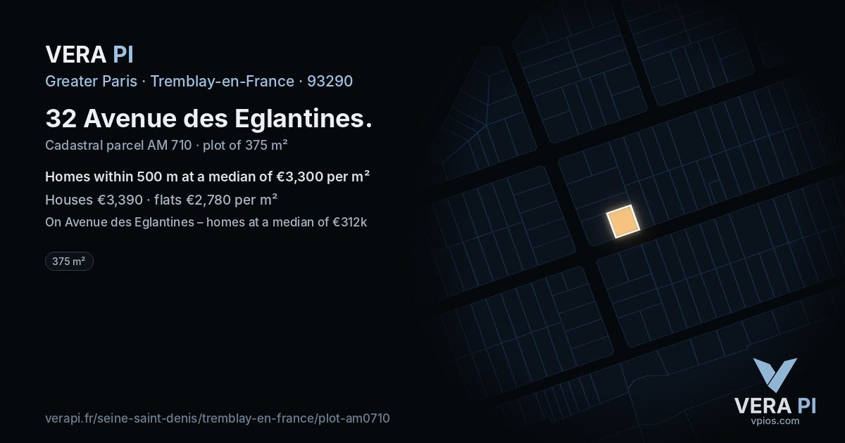 32 Avenue des Eglantines, Tremblay-en-France at night – the plot lit, the parcels around coloured by the prices near them