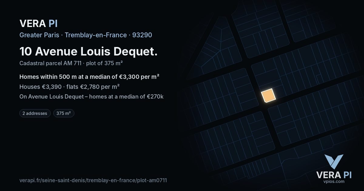 10 Avenue Louis Dequet, Tremblay-en-France at night – the plot lit, the parcels around coloured by the prices near them