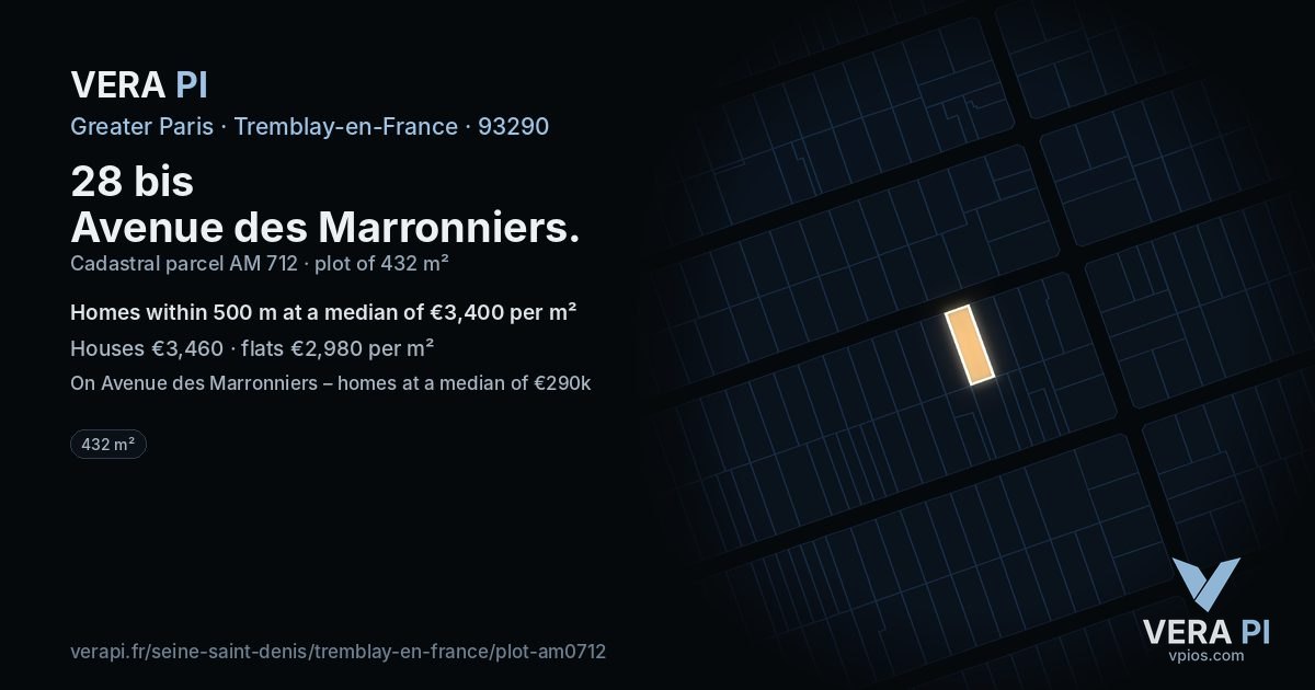 28 bis Avenue des Marronniers, Tremblay-en-France at night – the plot lit, the parcels around coloured by the prices near them