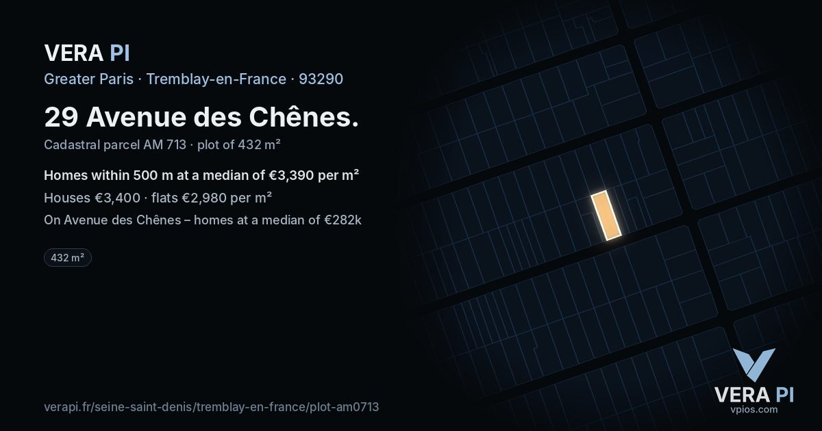 29 Avenue des Chênes, Tremblay-en-France at night – the plot lit, the parcels around coloured by the prices near them