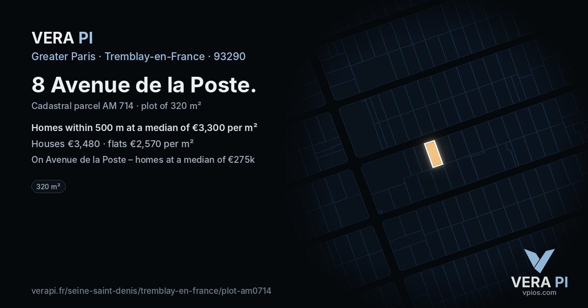 8 Avenue de la Poste, Tremblay-en-France at night – the plot lit, the parcels around coloured by the prices near them