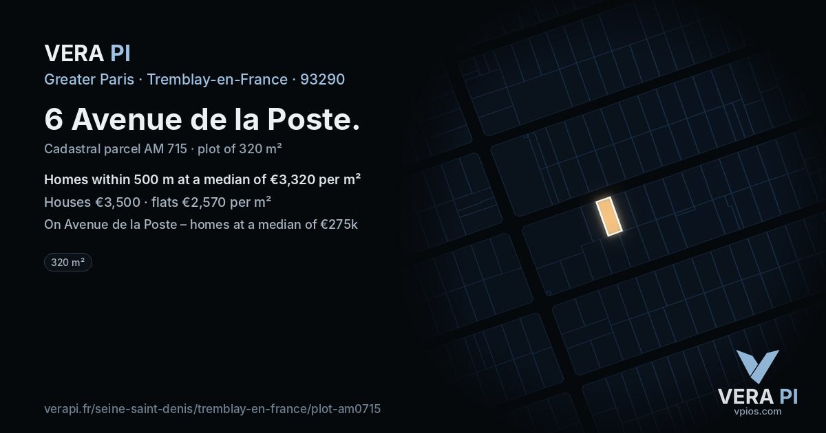 6 Avenue de la Poste, Tremblay-en-France at night – the plot lit, the parcels around coloured by the prices near them