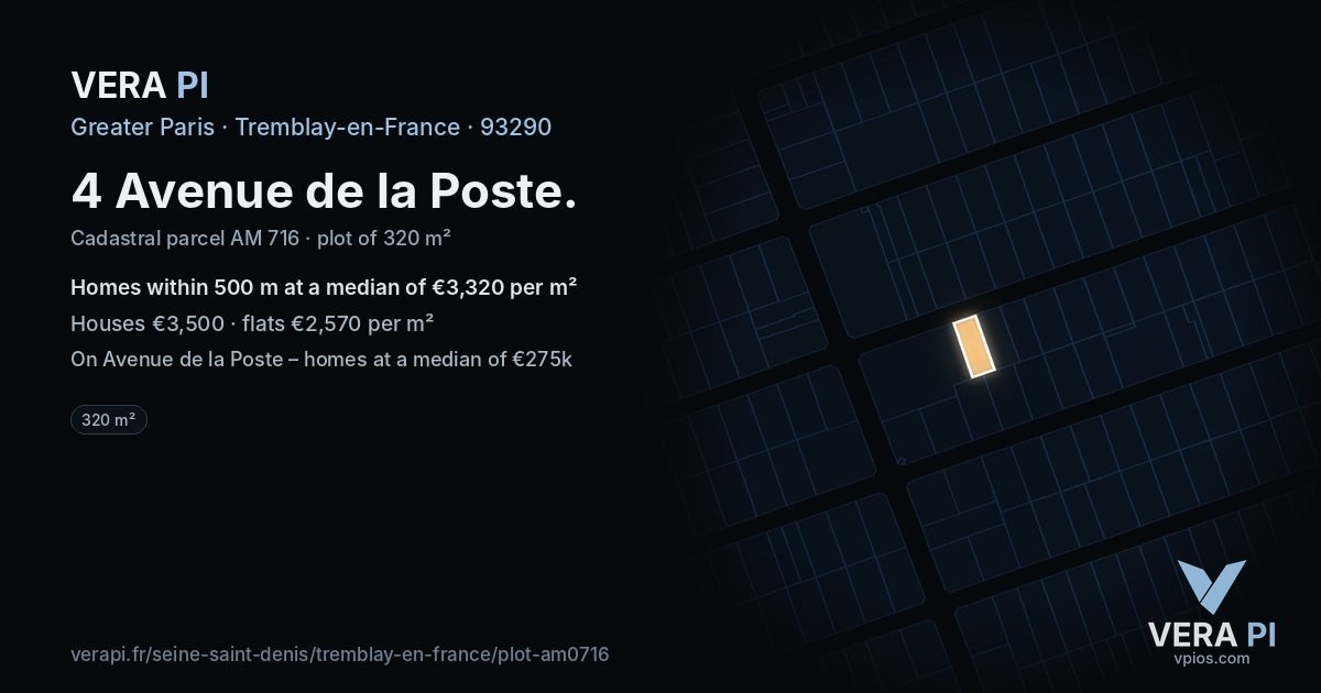 4 Avenue de la Poste, Tremblay-en-France at night – the plot lit, the parcels around coloured by the prices near them