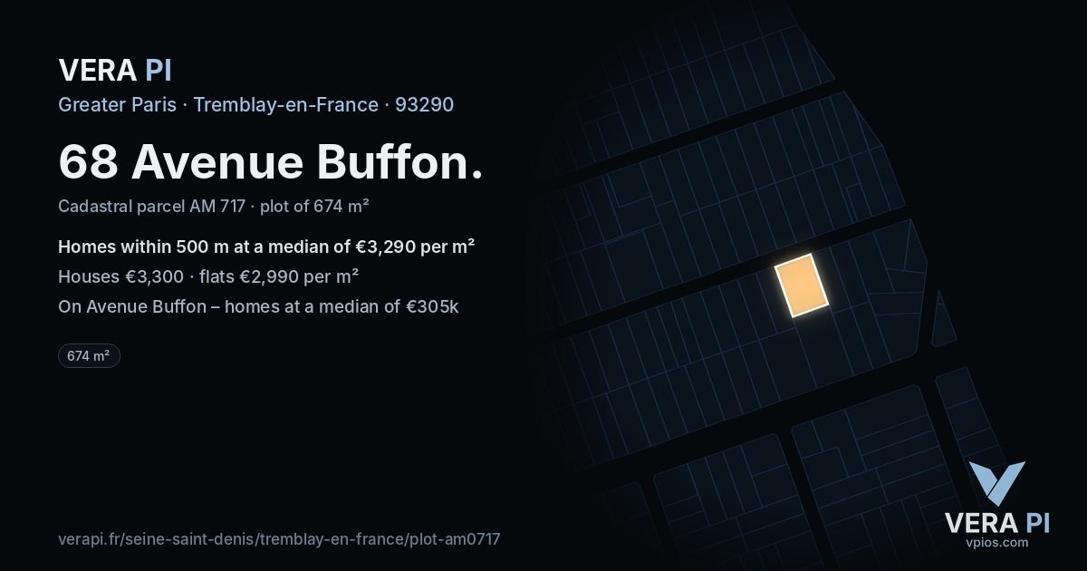 68 Avenue Buffon, Tremblay-en-France at night – the plot lit, the parcels around coloured by the prices near them
