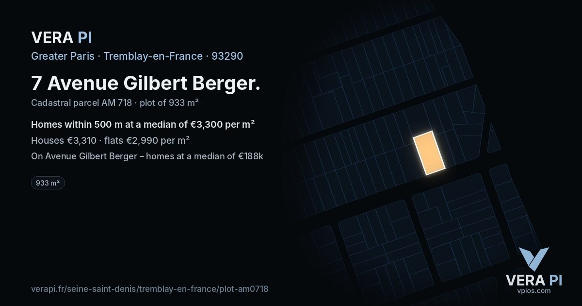 7 Avenue Gilbert Berger, Tremblay-en-France at night – the plot lit, the parcels around coloured by the prices near them
