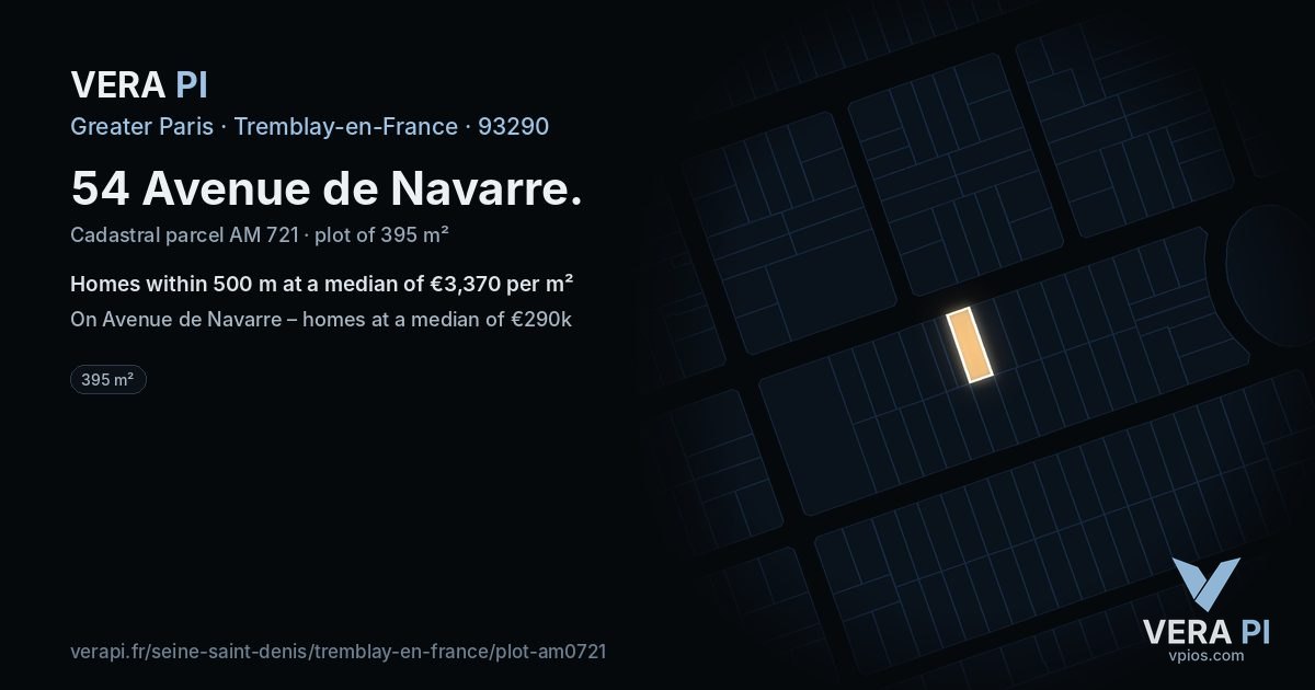 54 Avenue de Navarre, Tremblay-en-France at night – the plot lit, the parcels around coloured by the prices near them