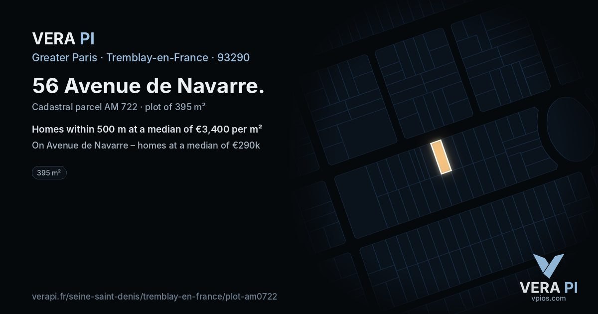 56 Avenue de Navarre, Tremblay-en-France at night – the plot lit, the parcels around coloured by the prices near them
