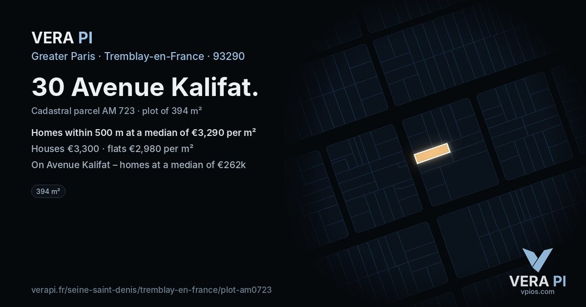 30 Avenue Kalifat, Tremblay-en-France at night – the plot lit, the parcels around coloured by the prices near them