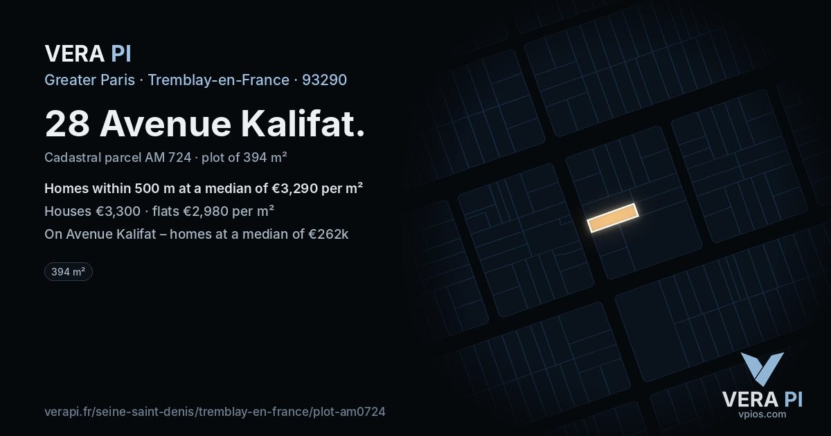 28 Avenue Kalifat, Tremblay-en-France at night – the plot lit, the parcels around coloured by the prices near them