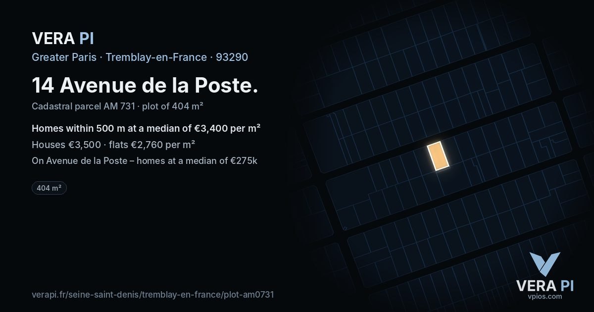 14 Avenue de la Poste, Tremblay-en-France at night – the plot lit, the parcels around coloured by the prices near them