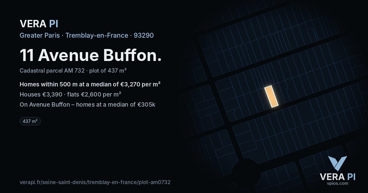 11 Avenue Buffon, Tremblay-en-France at night – the plot lit, the parcels around coloured by the prices near them