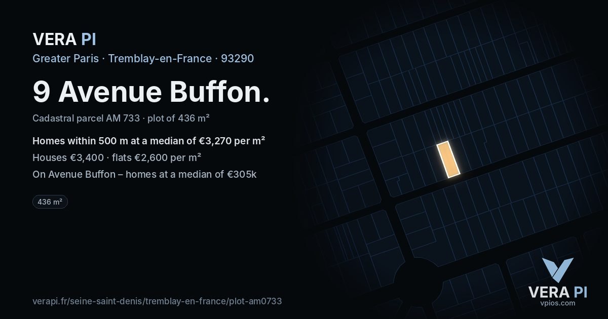 9 Avenue Buffon, Tremblay-en-France at night – the plot lit, the parcels around coloured by the prices near them