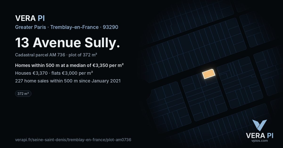13 Avenue Sully, Tremblay-en-France at night – the plot lit, the parcels around coloured by the prices near them