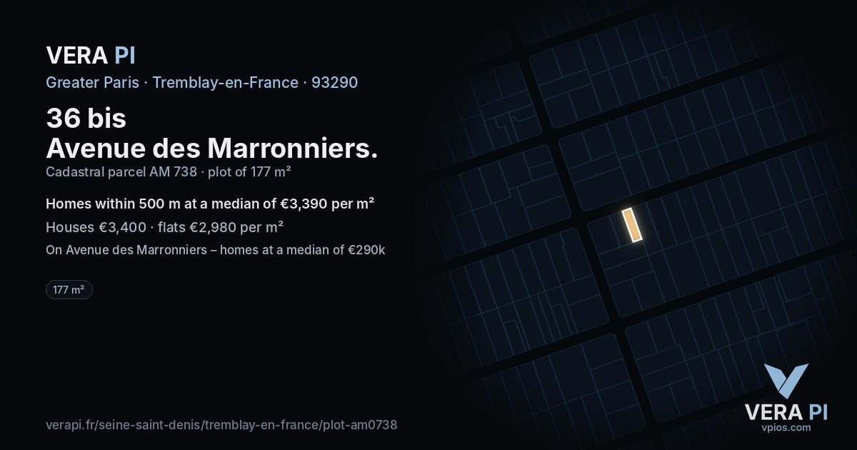 36 bis Avenue des Marronniers, Tremblay-en-France at night – the plot lit, the parcels around coloured by the prices near them