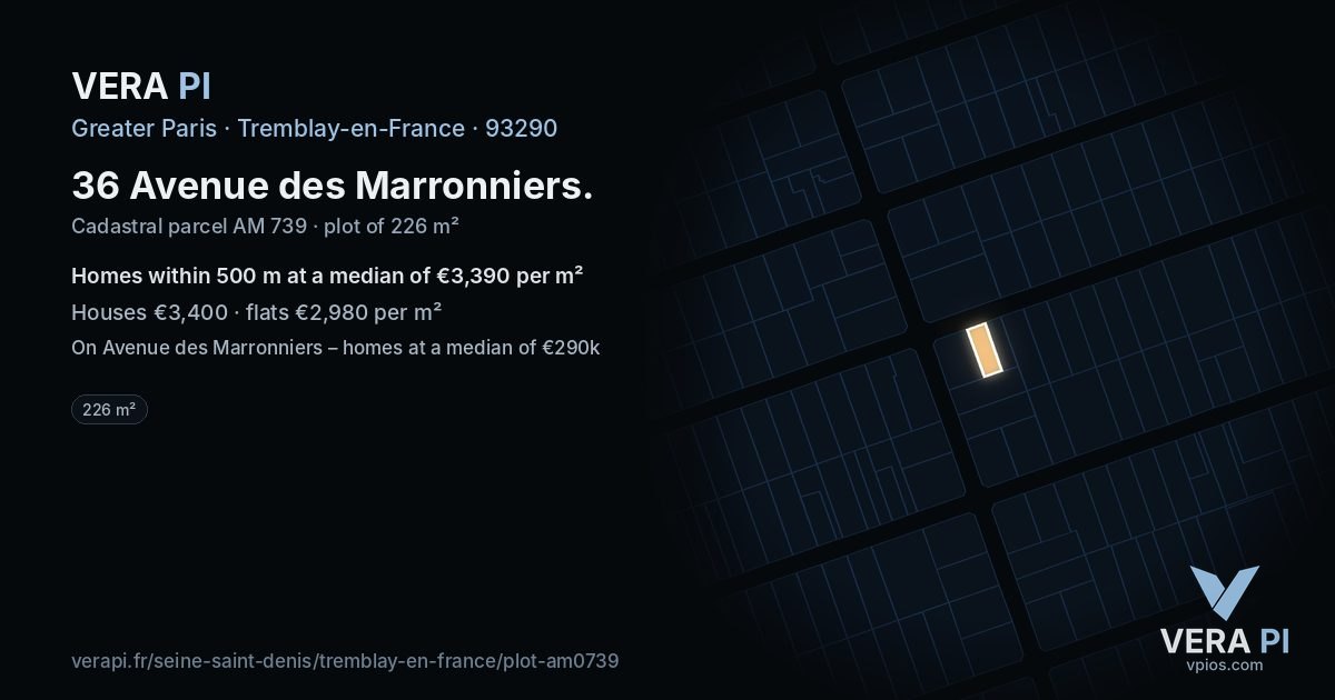 36 Avenue des Marronniers, Tremblay-en-France at night – the plot lit, the parcels around coloured by the prices near them