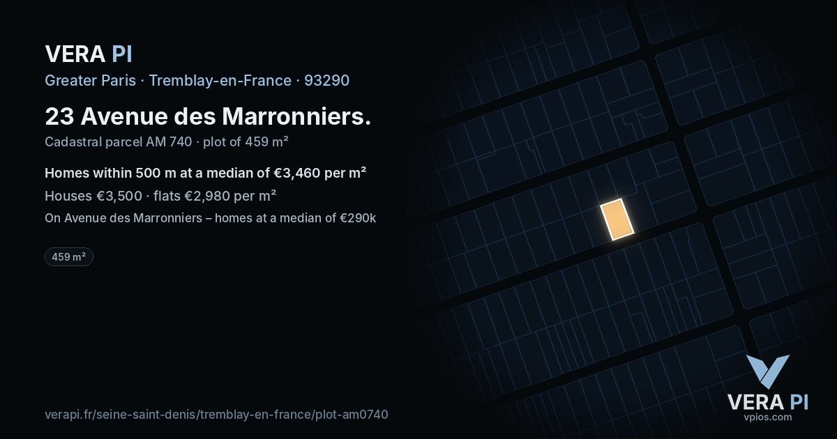 23 Avenue des Marronniers, Tremblay-en-France at night – the plot lit, the parcels around coloured by the prices near them