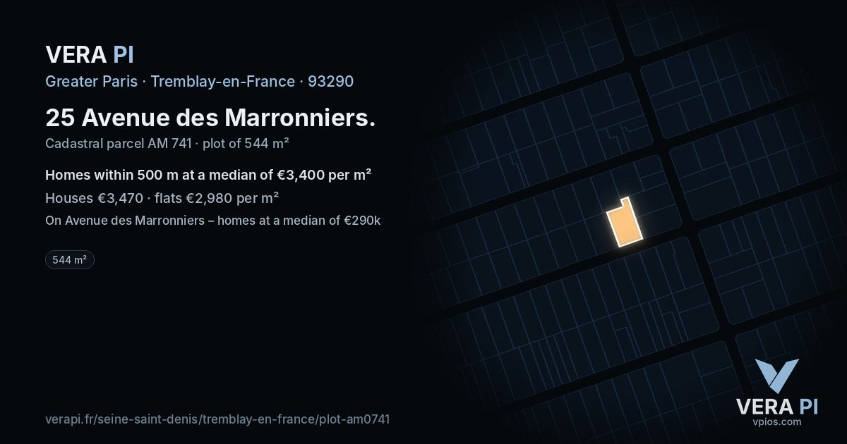 25 Avenue des Marronniers, Tremblay-en-France at night – the plot lit, the parcels around coloured by the prices near them