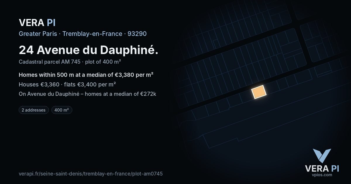 24 Avenue du Dauphiné, Tremblay-en-France at night – the plot lit, the parcels around coloured by the prices near them