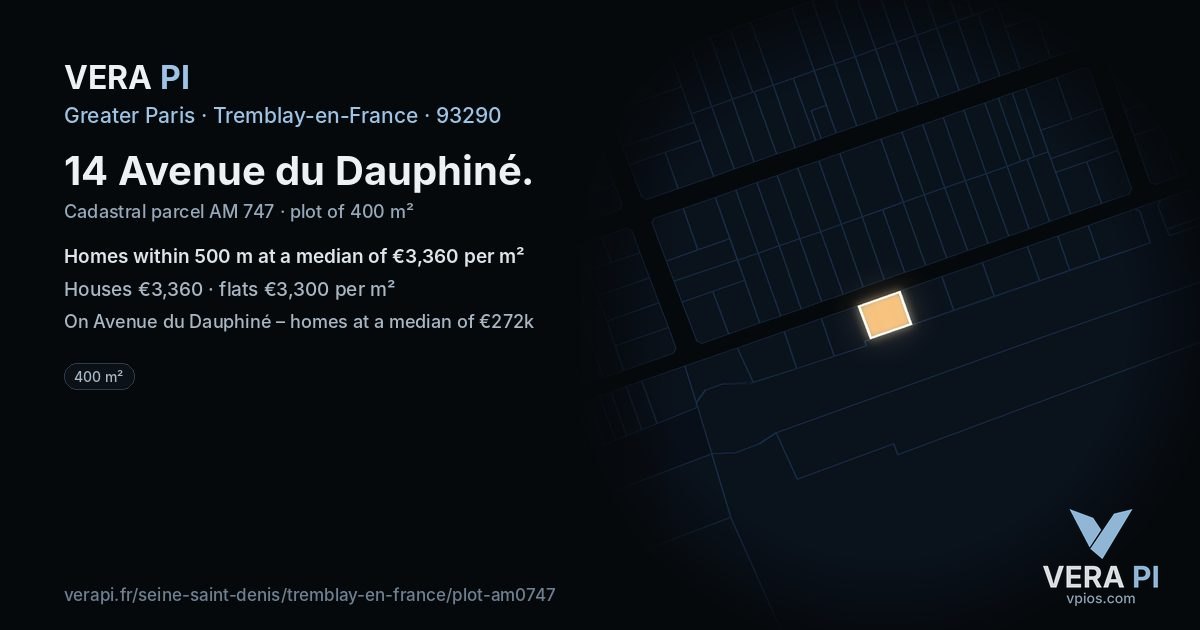14 Avenue du Dauphiné, Tremblay-en-France at night – the plot lit, the parcels around coloured by the prices near them