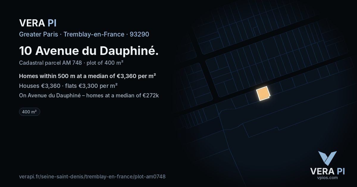 10 Avenue du Dauphiné, Tremblay-en-France at night – the plot lit, the parcels around coloured by the prices near them