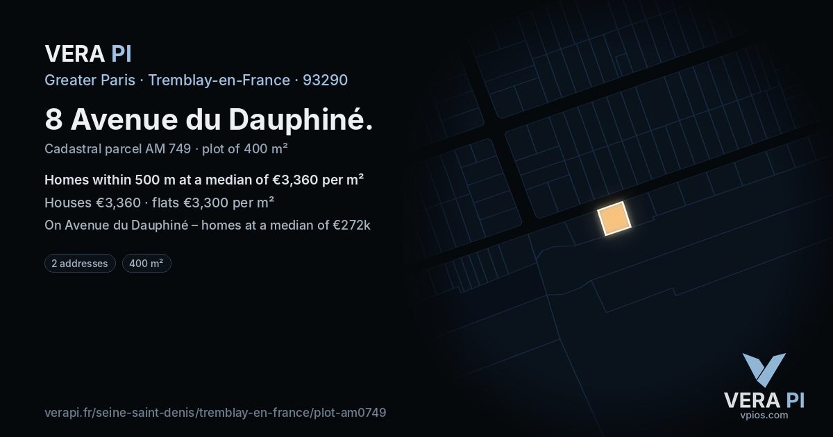8 Avenue du Dauphiné, Tremblay-en-France at night – the plot lit, the parcels around coloured by the prices near them