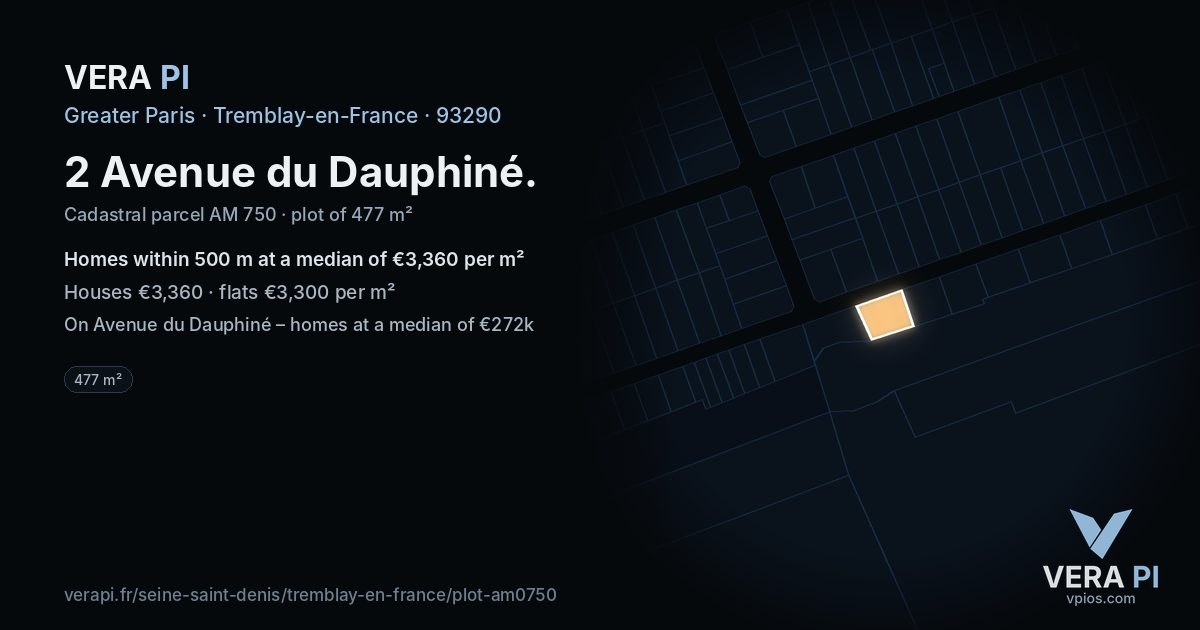 2 Avenue du Dauphiné, Tremblay-en-France at night – the plot lit, the parcels around coloured by the prices near them
