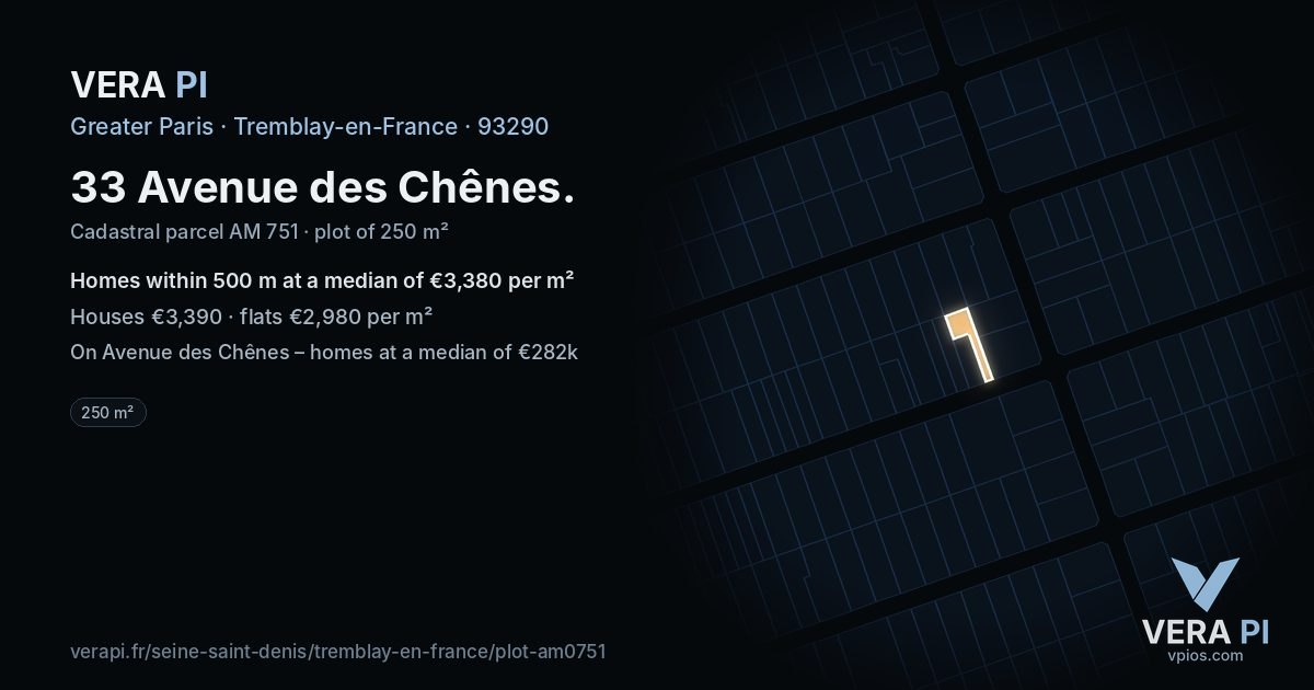 33 Avenue des Chênes, Tremblay-en-France at night – the plot lit, the parcels around coloured by the prices near them