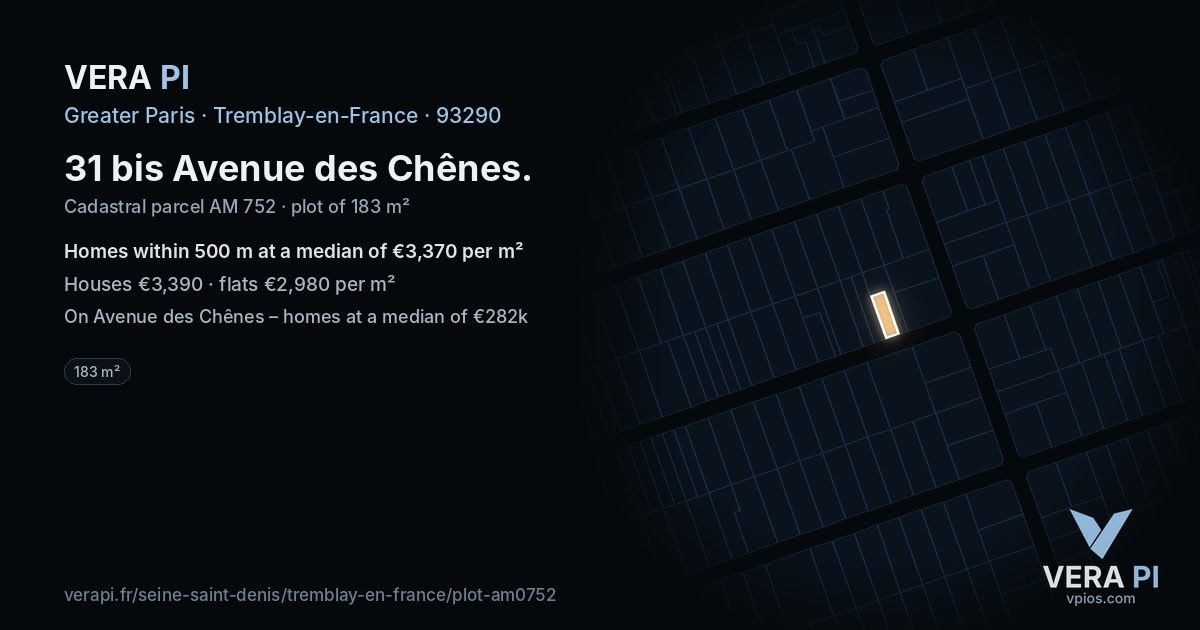 31 bis Avenue des Chênes, Tremblay-en-France at night – the plot lit, the parcels around coloured by the prices near them