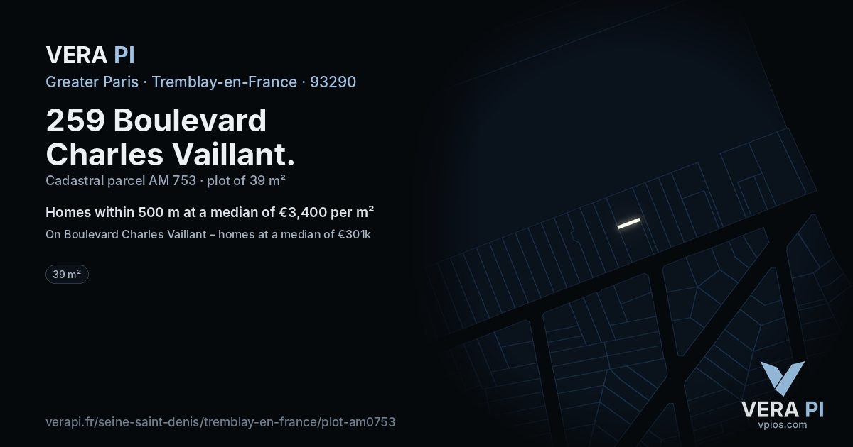259 Boulevard Charles Vaillant, Tremblay-en-France at night – the plot lit, the parcels around coloured by the prices near them