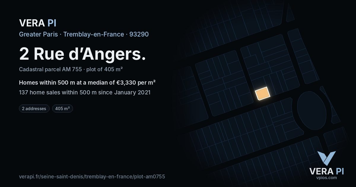 2 Rue d’Angers, Tremblay-en-France at night – the plot lit, the parcels around coloured by the prices near them