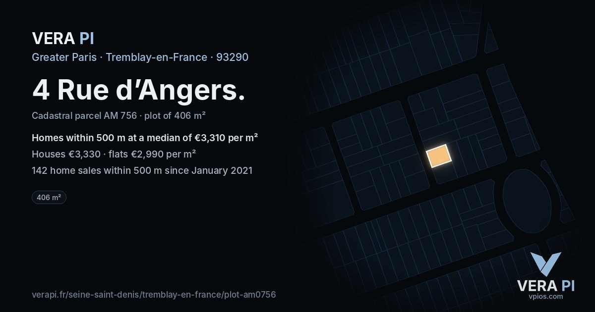 4 Rue d’Angers, Tremblay-en-France at night – the plot lit, the parcels around coloured by the prices near them