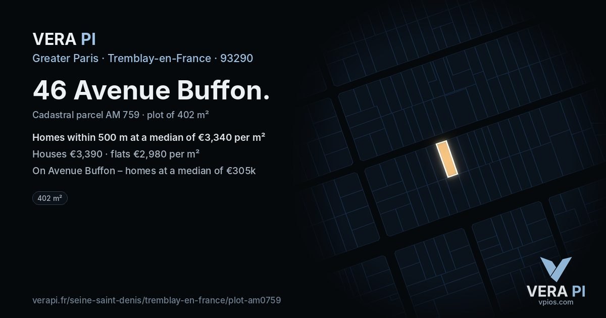 46 Avenue Buffon, Tremblay-en-France at night – the plot lit, the parcels around coloured by the prices near them