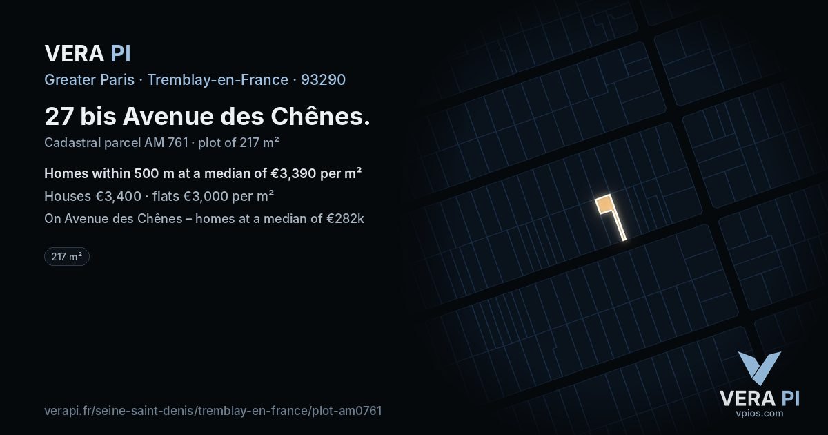 27 bis Avenue des Chênes, Tremblay-en-France at night – the plot lit, the parcels around coloured by the prices near them