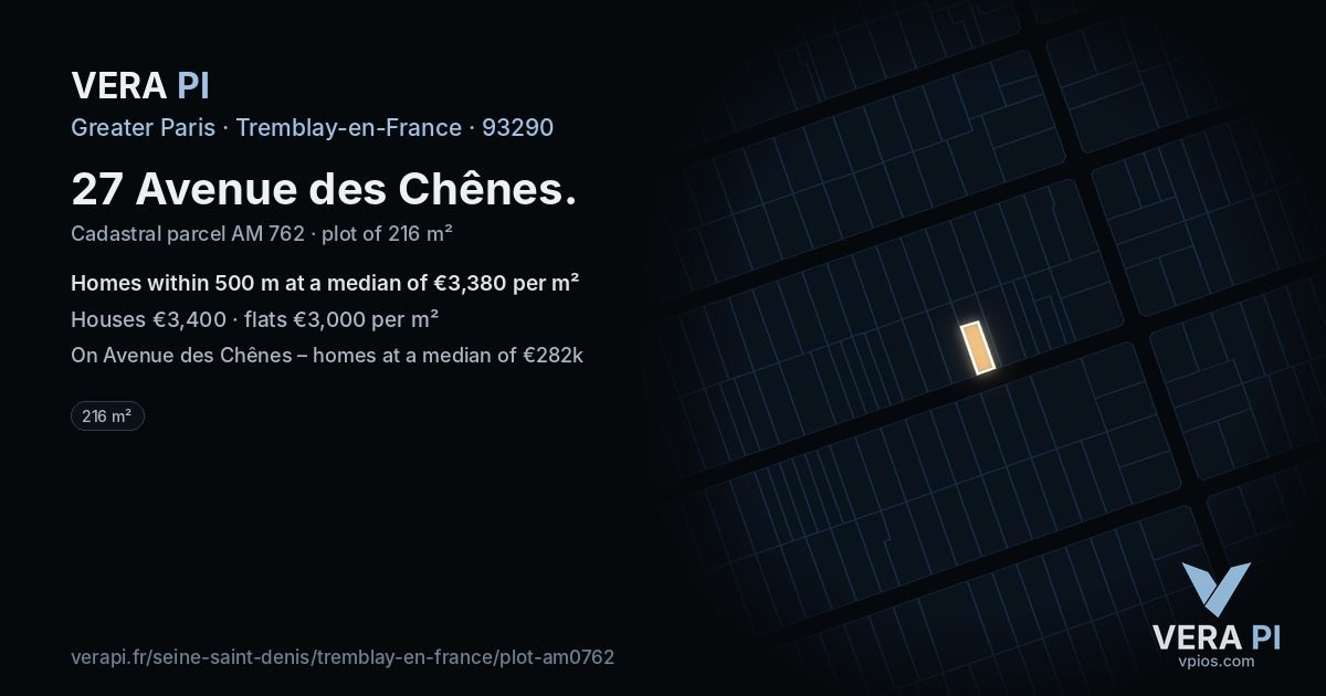 27 Avenue des Chênes, Tremblay-en-France at night – the plot lit, the parcels around coloured by the prices near them