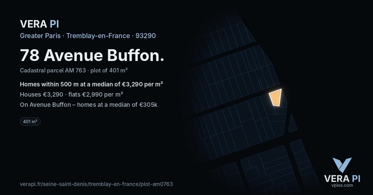78 Avenue Buffon, Tremblay-en-France at night – the plot lit, the parcels around coloured by the prices near them